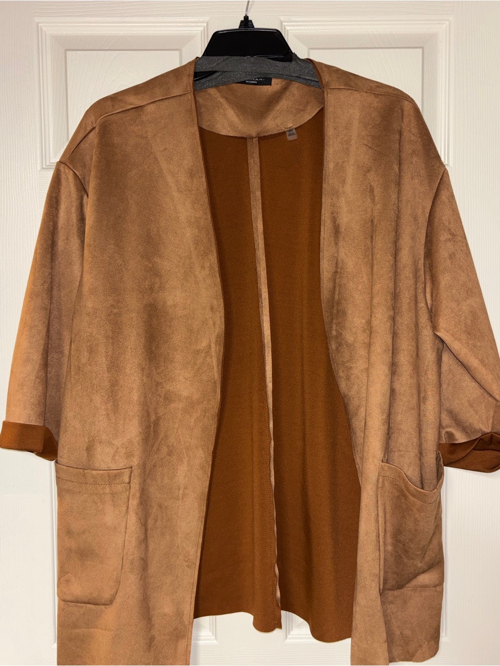 Bahari Open-Front Suede-Look Coatigan in Camel Brown
